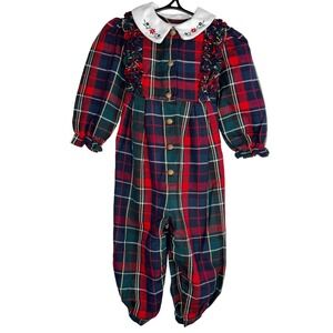 VTG Baby 24 Months Christmas Plaid Wide Leg Jumpsuit White Embroidered Collar